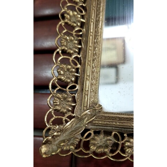 Vintage Mirrored Dresser Vanity Tray Ornate Gold Tone Floral Art Nouveau Motif - Picture 2 of 3